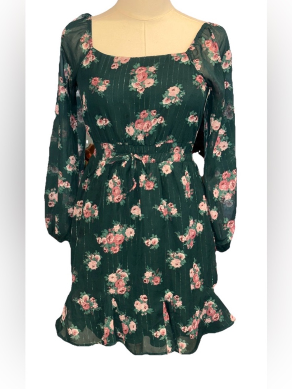 Three Hearts Dark Green Floral Long Sleeve Square Neck Mini Dress
